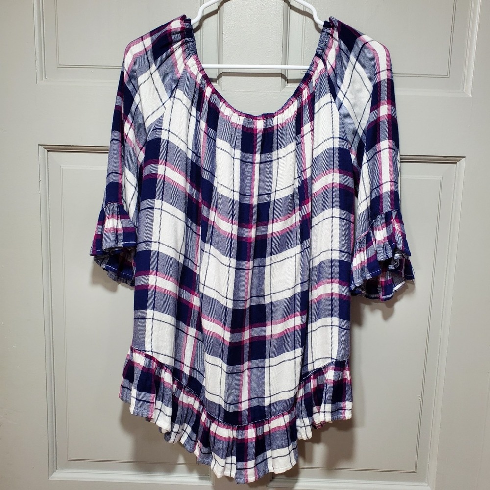 Beach Lunch Lounge Top Women's L Plaid Off Shoulder Tunic Blouse Ruffle Boho - Picture 8 of 11